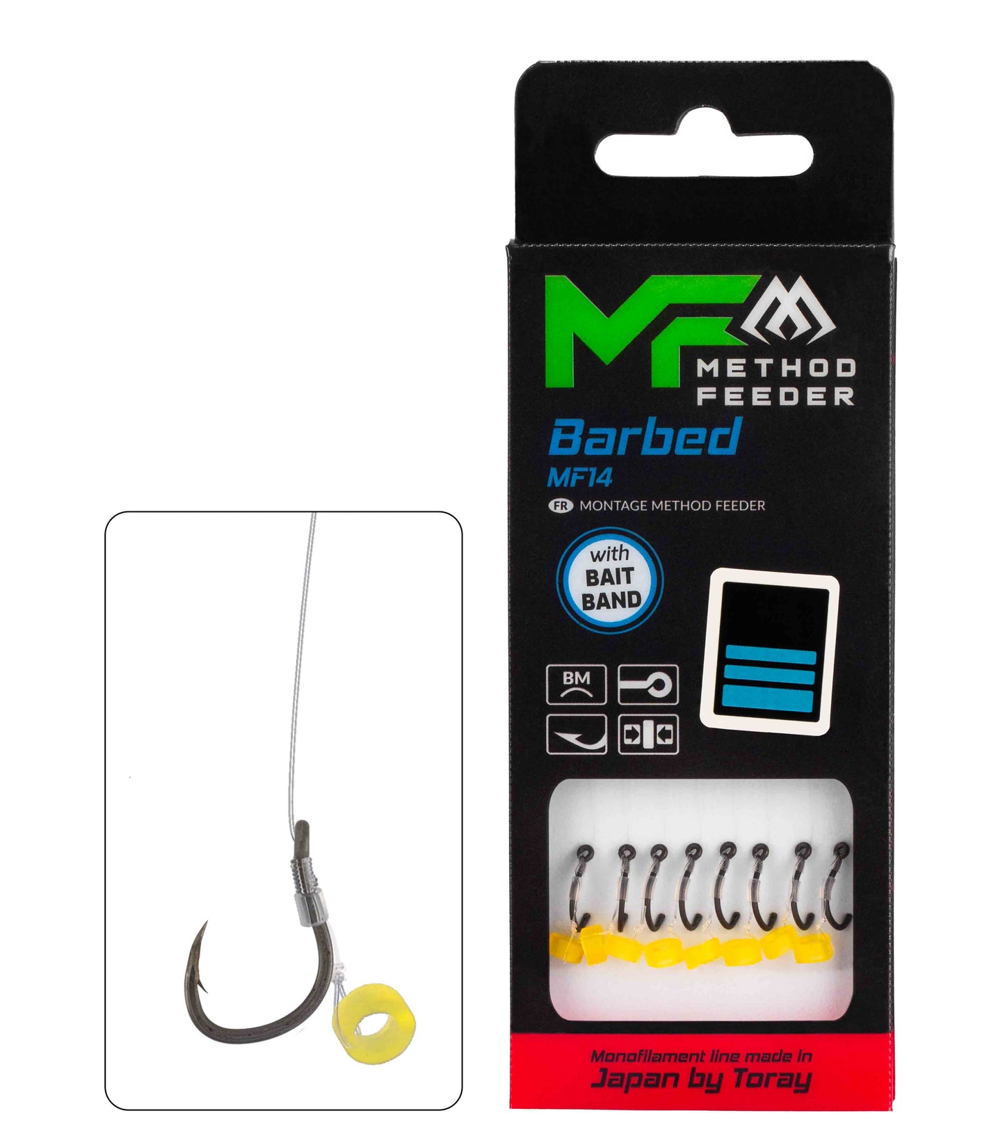 MIKADO METHOD FEEDER PAVADIŅA – MF14 AR GUMIJU – ĀĶI AR ATSKABARGU / MONOFĪLĀ AUKLA 10cm – 8 gab.