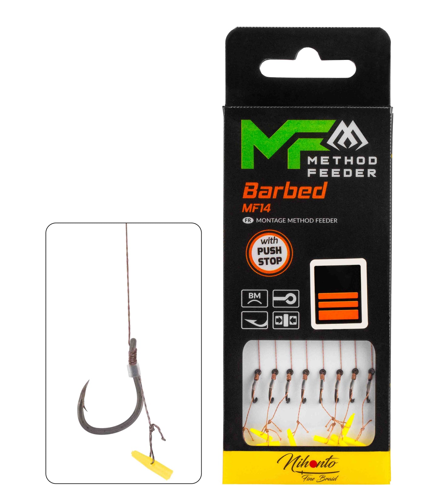 MIKADO METHOD FEEDER PAVADIŅA – MF14 AR PUSH STOP – ĀĶI AR ATSKABARGU / PĪTĀ AUKLA 10 cm – 8 gab.