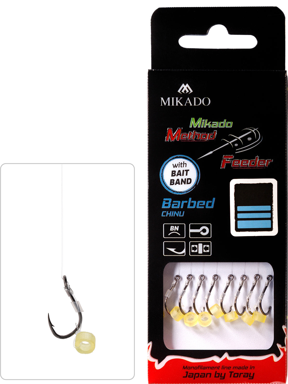 MIKADO METHOD FEEDER PAVADIŅA – MF14 AR GUMIJU – ĀĶI AR ATSKABARGU / MONOFĪLĀ AUKLA / 10 cm – 8 gab.