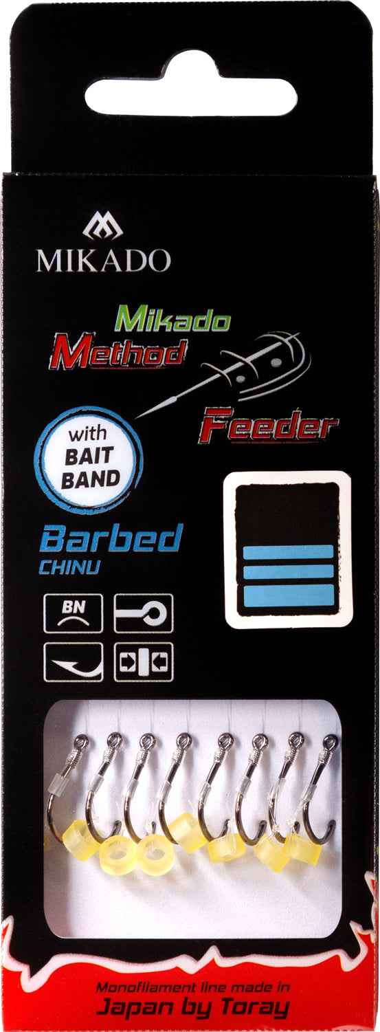 MIKADO METHOD FEEDER PAVADIŅA – MF14 AR GUMIJU – ĀĶI AR ATSKABARGU / MONOFĪLĀ AUKLA / 10 cm – 8 gab.