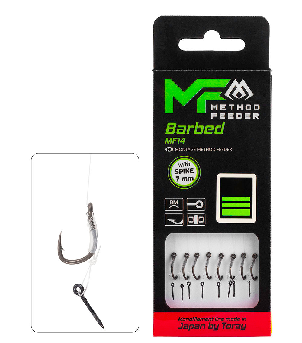 MIKADO METHOD FEEDER PAVADIŅA – MF14 AR NAGLIŅU – ĀĶI AR ATSKABARGU / MONOFĪLĀ AUKLA / 10 cm – 8 gab.